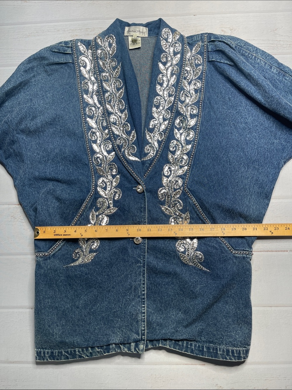 Vintage Denim Sequins Jacket 80s Large Beaded Cotton Long Length Golden Girls L - Picture 10 of 16